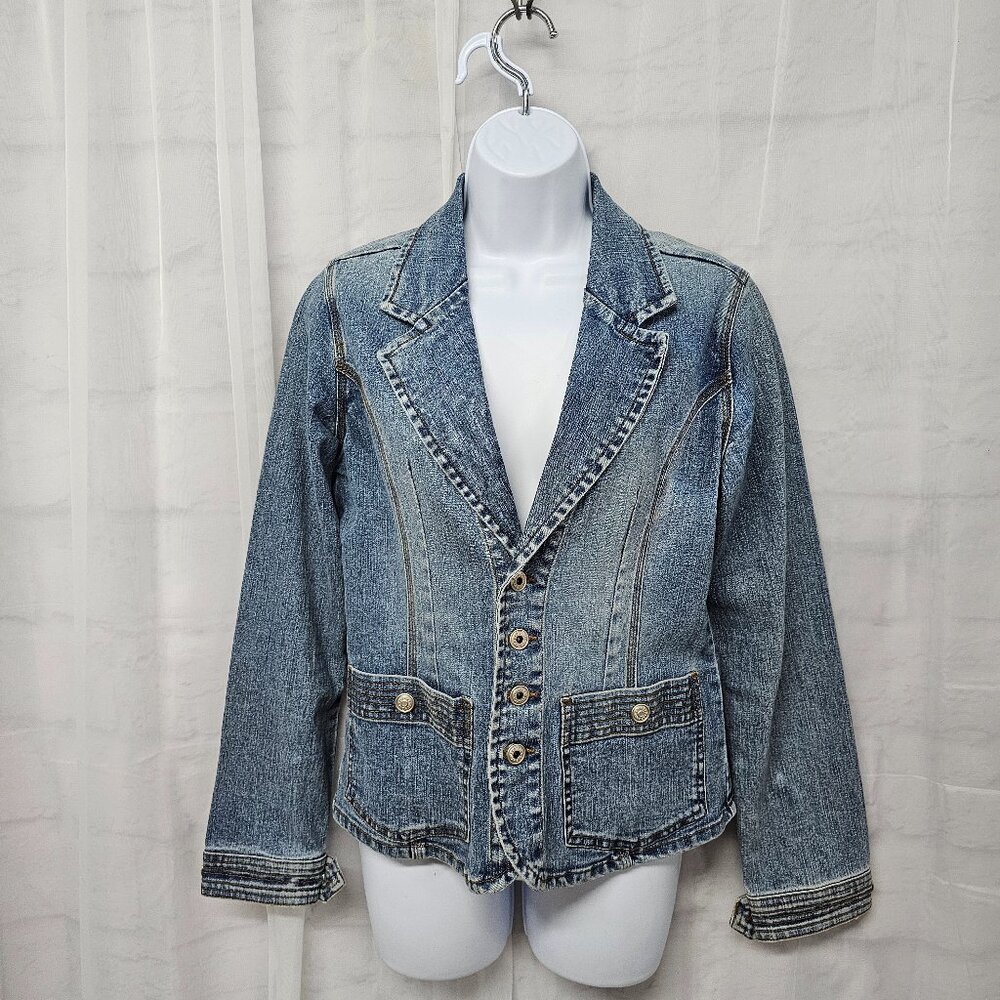 OTB Blue Denim Blazer Jacket Y2K Boho Western Prairie Coastal L - Picture 12 of 12